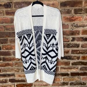 Two by Vince Camuto White Black Aztec Open Front Cardigan Sweater Size PXS